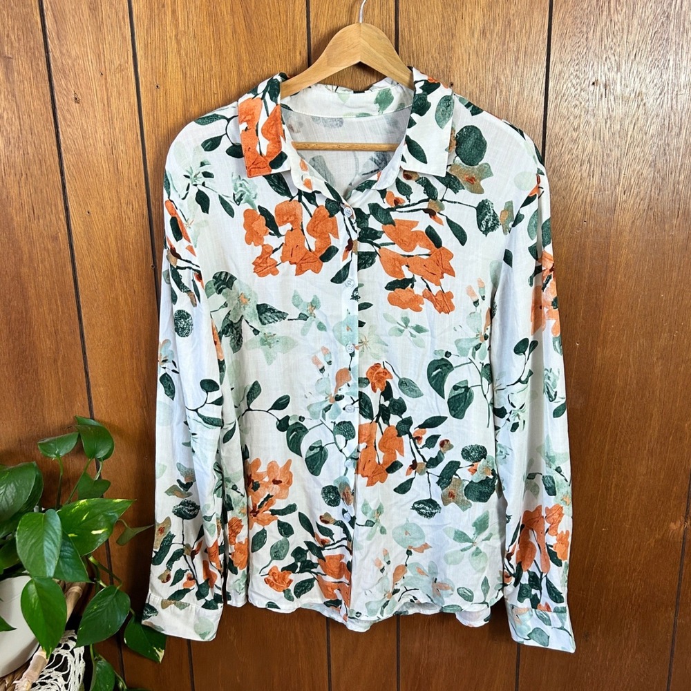 Womens Floral Print Button Down Shirt Long Sleeve‎ Lightweight Casual Top M